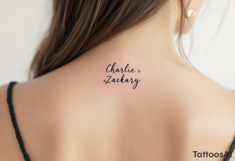 Create a small, elegant tattoo design that incorporates the names "Charlie" and "Zackary" in delicate, flowing cursive. Enclose the names inside a larger, refined symbol—such as a softly stylized mandala, circular frame, or subtle shield—to represent unity and protection. Integrate gentle accents like a small heart, minimal floral details, or an infinity symbol to evoke enduring love and family. The overall design should be minimalist and refined, perfect for discreet placement on the wrist or inner forearm. tattoo idea