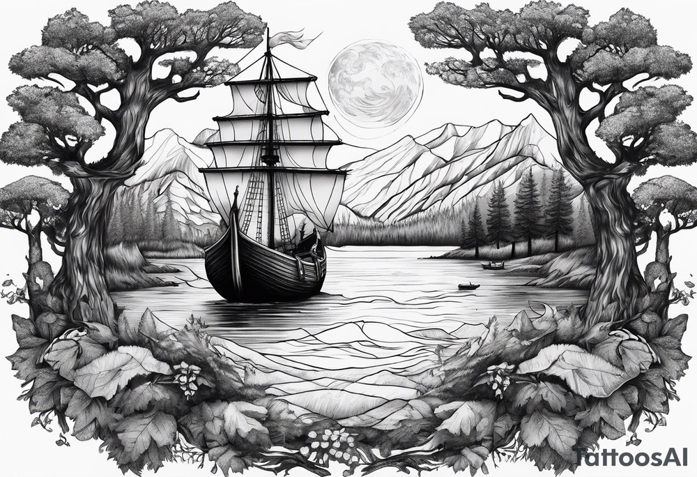 Viking long ship, grizzly bear, oak tree tattoo idea