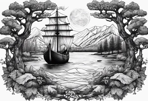 Viking long ship, grizzly bear, oak tree tattoo idea