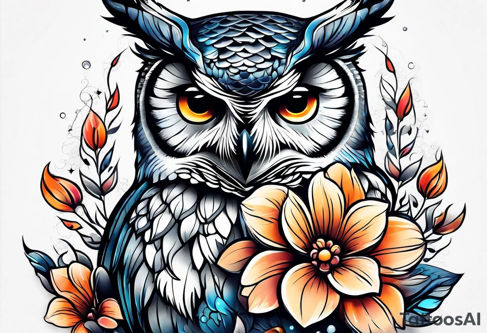female owl with flowers tattoo idea