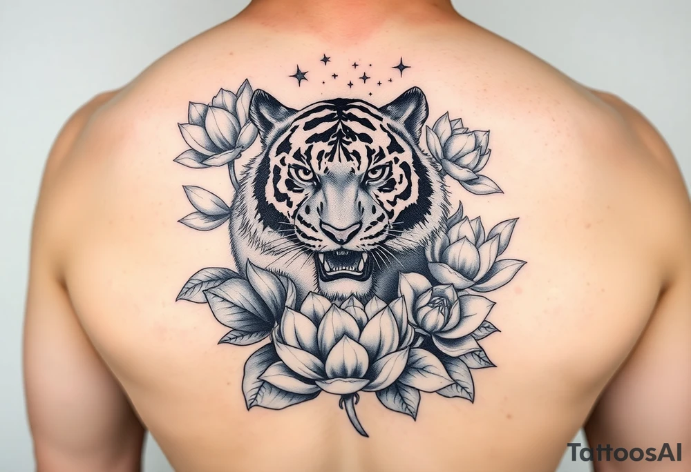 fierce tiger emerging through blooming lotus flowers in mist tattoo idea