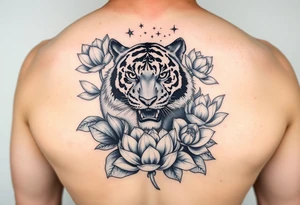 fierce tiger emerging through blooming lotus flowers in mist tattoo idea