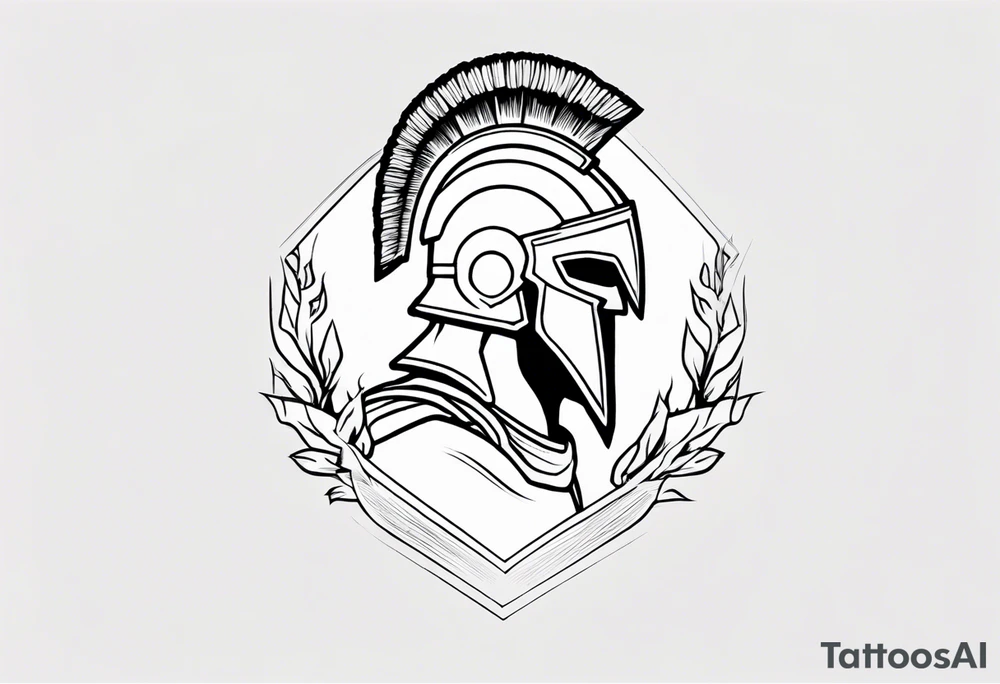 rectangular landscape format ultra-fine line linework vector of a spartan from the side, spartan spear, spartan shield, laurel wreath tattoo idea