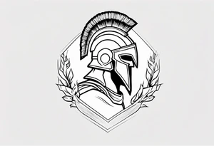 rectangular landscape format ultra-fine line linework vector of a spartan from the side, spartan spear, spartan shield, laurel wreath tattoo idea