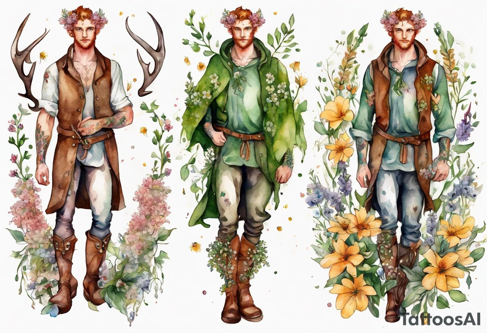 A young handsome Cernunnos covered in flowers wearing medieval boots tattoo idea