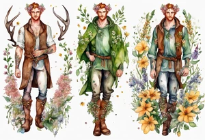 A young handsome Cernunnos covered in flowers wearing medieval boots tattoo idea