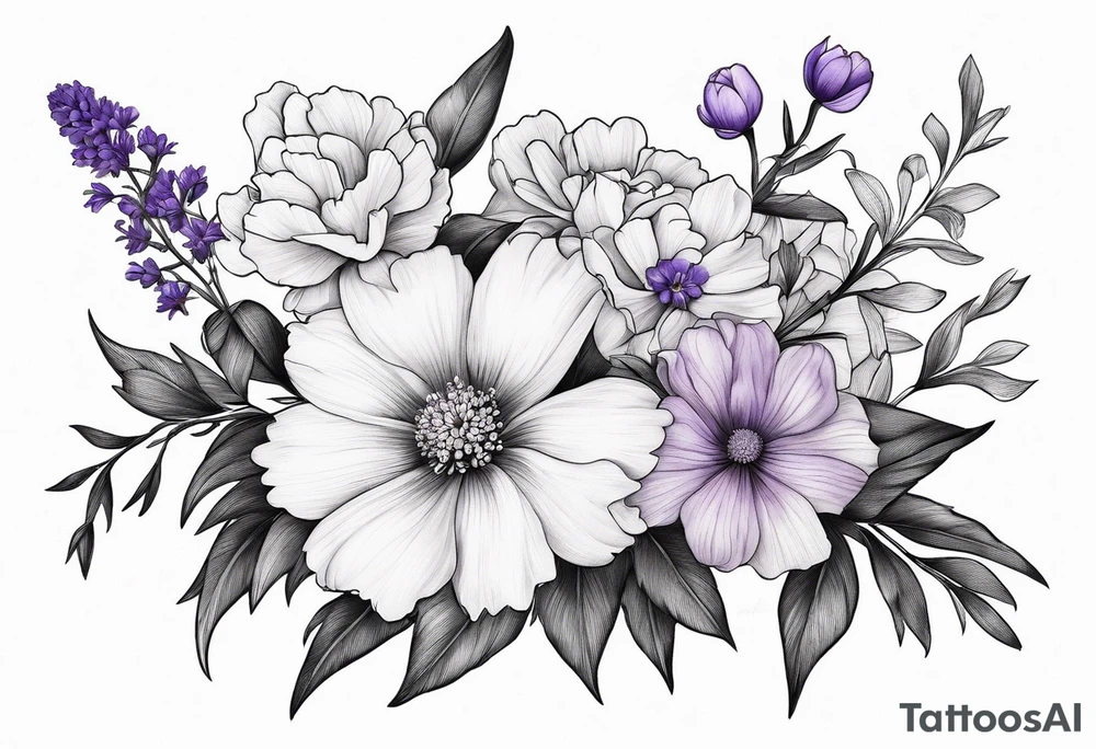 Bouquet Simple Tattoo of larkspur, carnation, violet, daisy tattoo idea