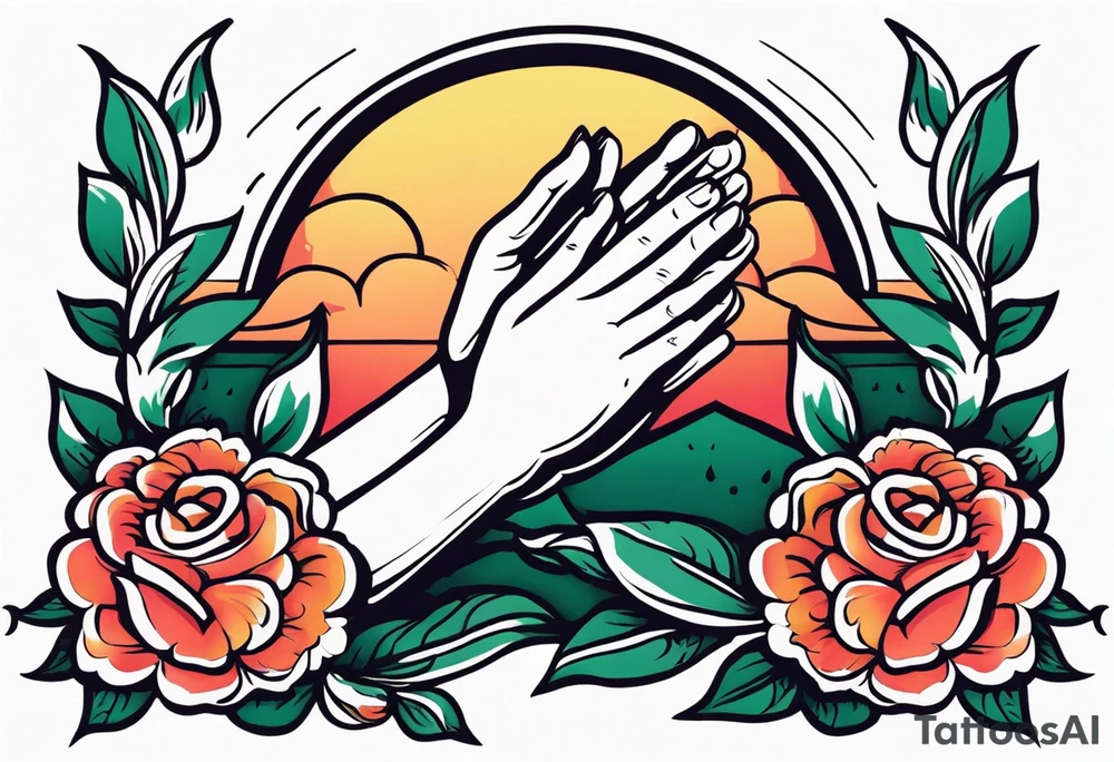 two 
hands praying with flowers simple bold tradional old school style bold colors tattoo idea
