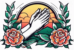 two 
hands praying with flowers simple bold tradional old school style bold colors tattoo idea