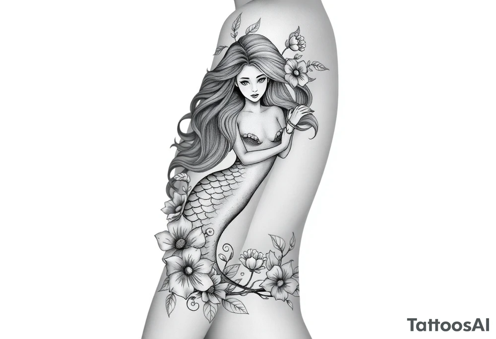 ethereal mermaid with flowing hair among coral and sea flowers tattoo idea