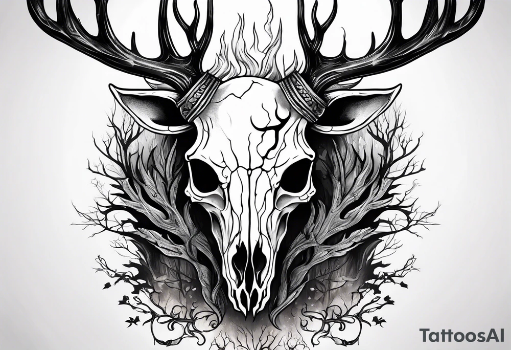 A scary decayed deer skull head human body with flames and trees tattoo idea