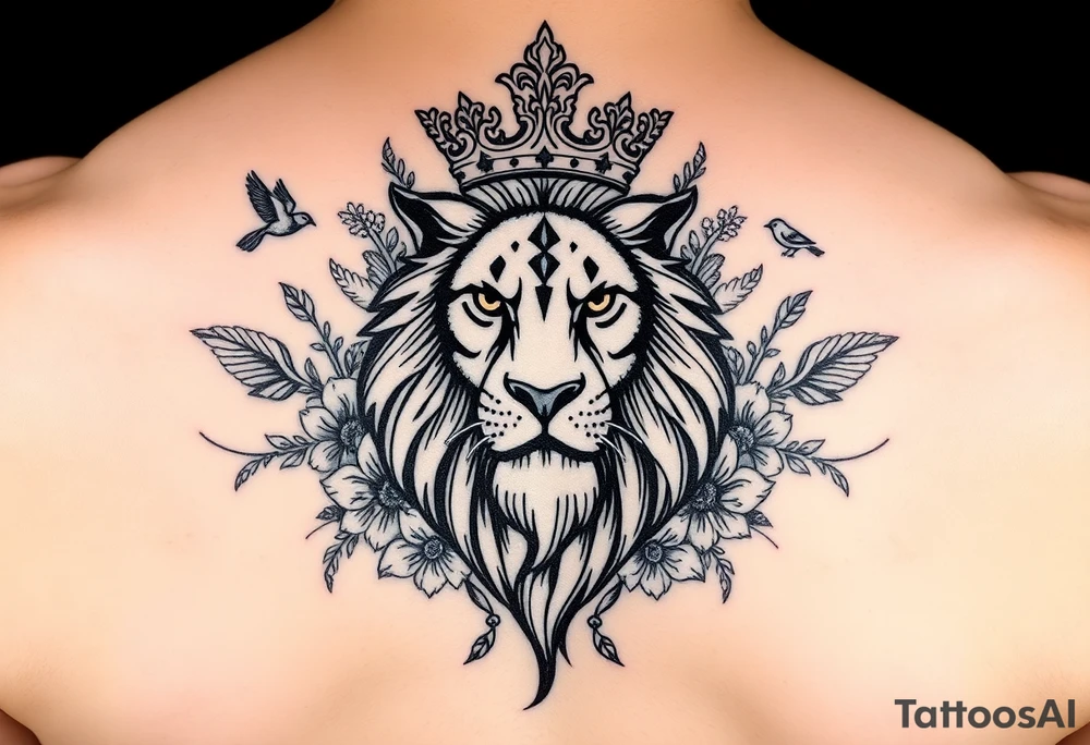 powerful majestic lion with a crown, surrounded by floral ornaments and birds tattoo idea