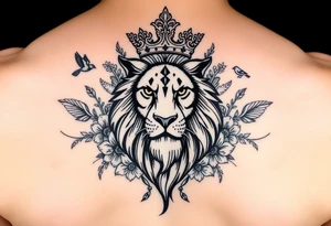 powerful majestic lion with a crown, surrounded by floral ornaments and birds tattoo idea