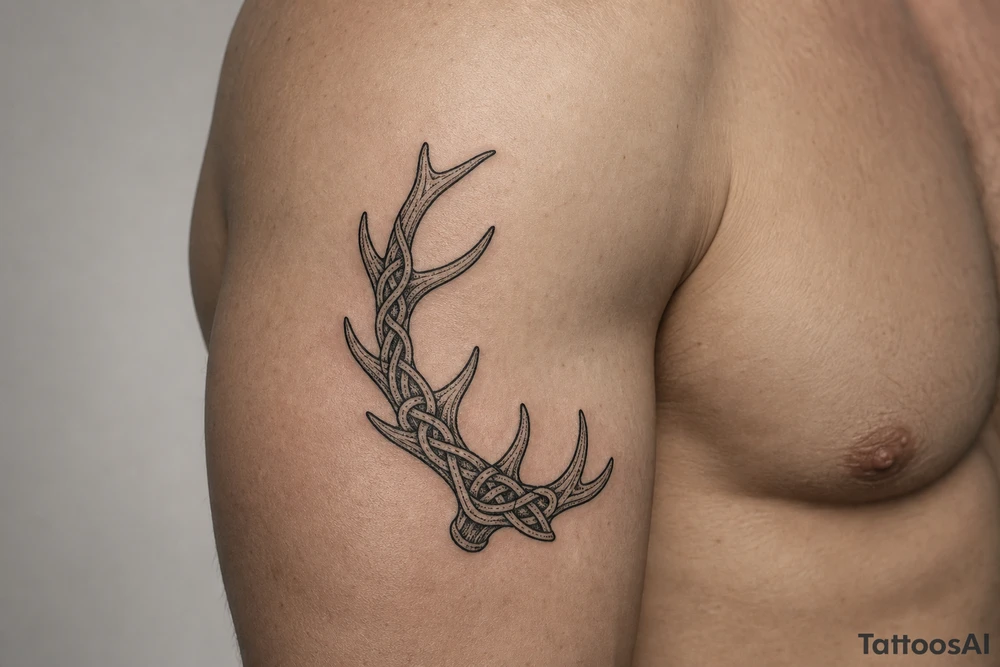 Caribou antler in Norse knot work open line concept stipple shading just one antler no background make it a realistic caribou antler shape tattoo idea