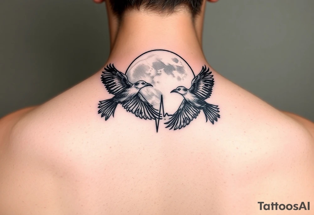 Create a minimalist tattoo design symbolizing the deep connection between a mother and daughter, featuring the initials L and E. Incorporate two crows flying around a full moon, connected by an ECG heartbeat line that represents their shared life energy. The design should feel mystical, balanced, and emotionally meaningful.” tattoo idea