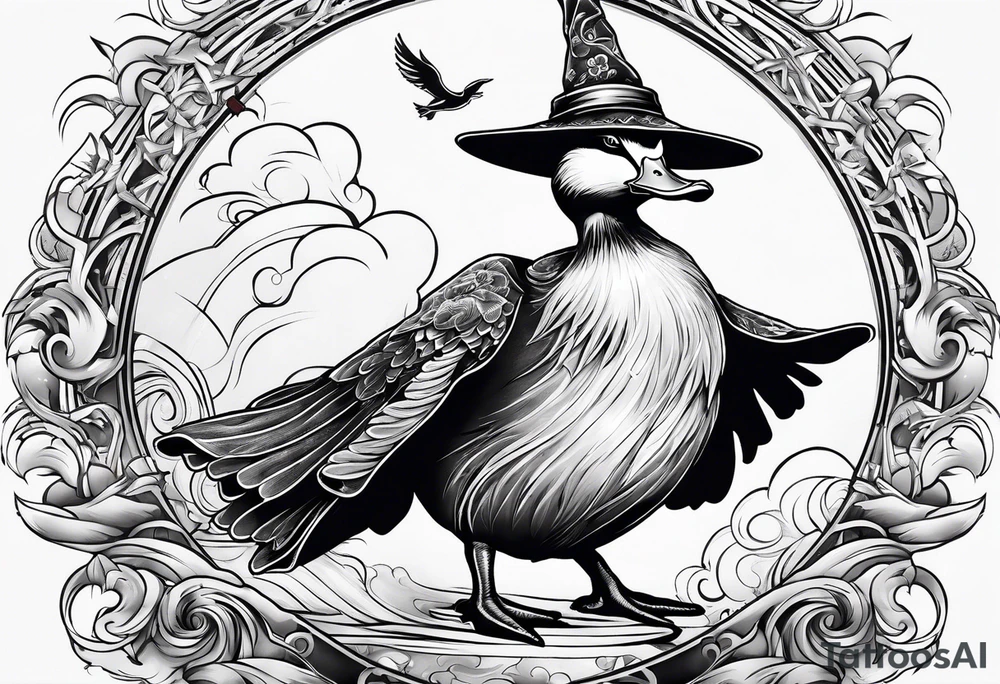 Dabbling Duck dressed like a wizard casting a spell with his wand tattoo idea