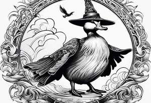 Dabbling Duck dressed like a wizard casting a spell with his wand tattoo idea