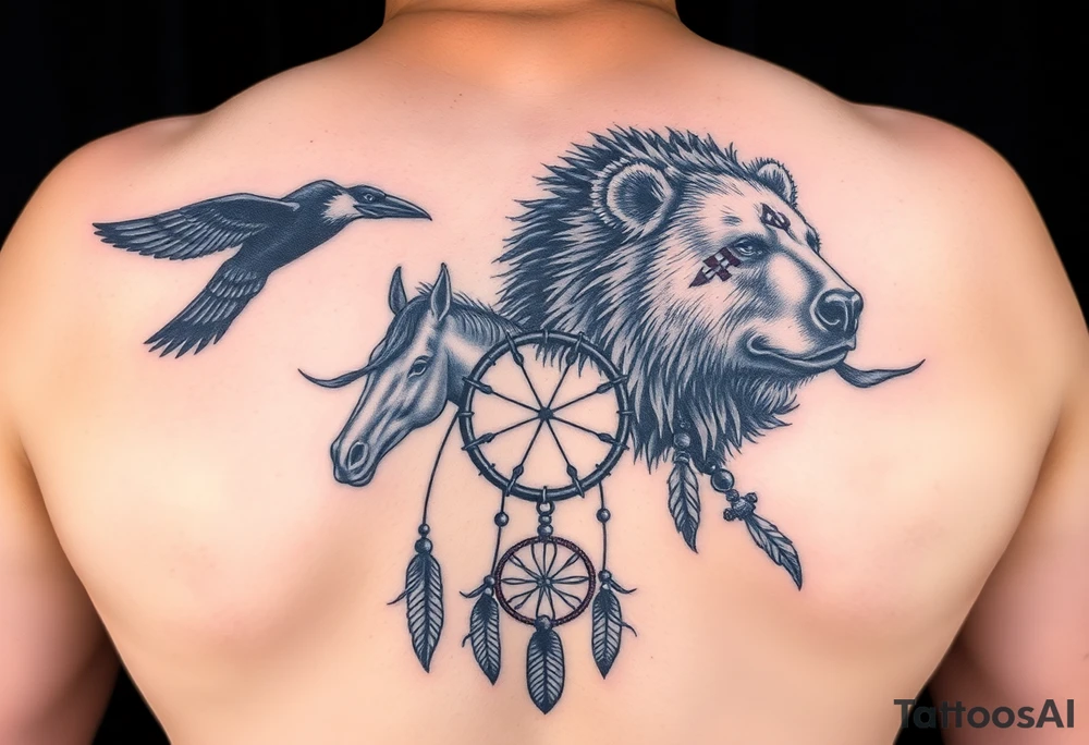 Native American 3/4 arm sleeve with black and grey realism featuring a raven, wild horses, a grizzly with scars over his eyes, and a dream catcher tattoo idea