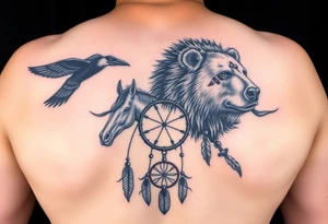 Native American 3/4 arm sleeve with black and grey realism featuring a raven, wild horses, a grizzly with scars over his eyes, and a dream catcher tattoo idea