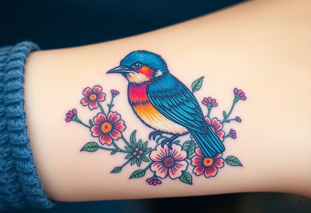 Puffy bluebird surrounded by wild flowers tattoo idea