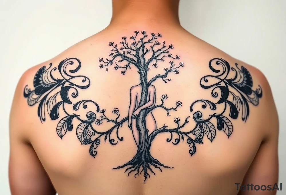back tattoo with proverbs 31 with tree of life woman tattoo woman’s body as the trunk with no head  with roots and branches from neck with  small flowers from a few branches tattoo idea