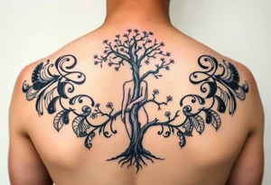 back tattoo with proverbs 31 with tree of life woman tattoo woman’s body as the trunk with no head  with roots and branches from neck with  small flowers from a few branches tattoo idea