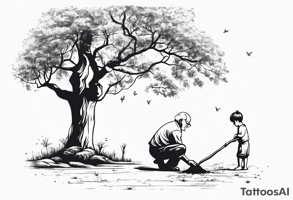 Old man planting a tree, than a young boy playing under a full grown tree. tattoo idea