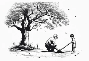 Old man planting a tree, than a young boy playing under a full grown tree. tattoo idea