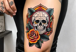 Old School Knee tattoo in fall colors showing a skull with a rose tattoo idea
