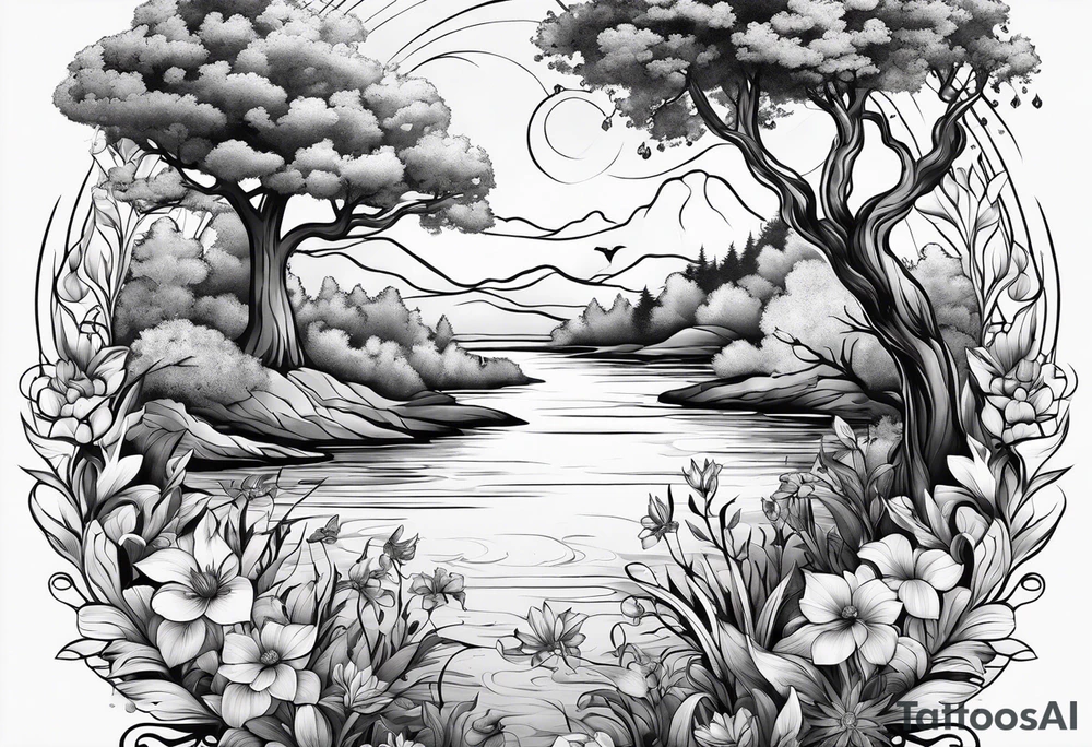 Peaceful nature scene with flowers, trees, animals and water tattoo idea