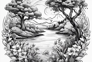 Peaceful nature scene with flowers, trees, animals and water tattoo idea