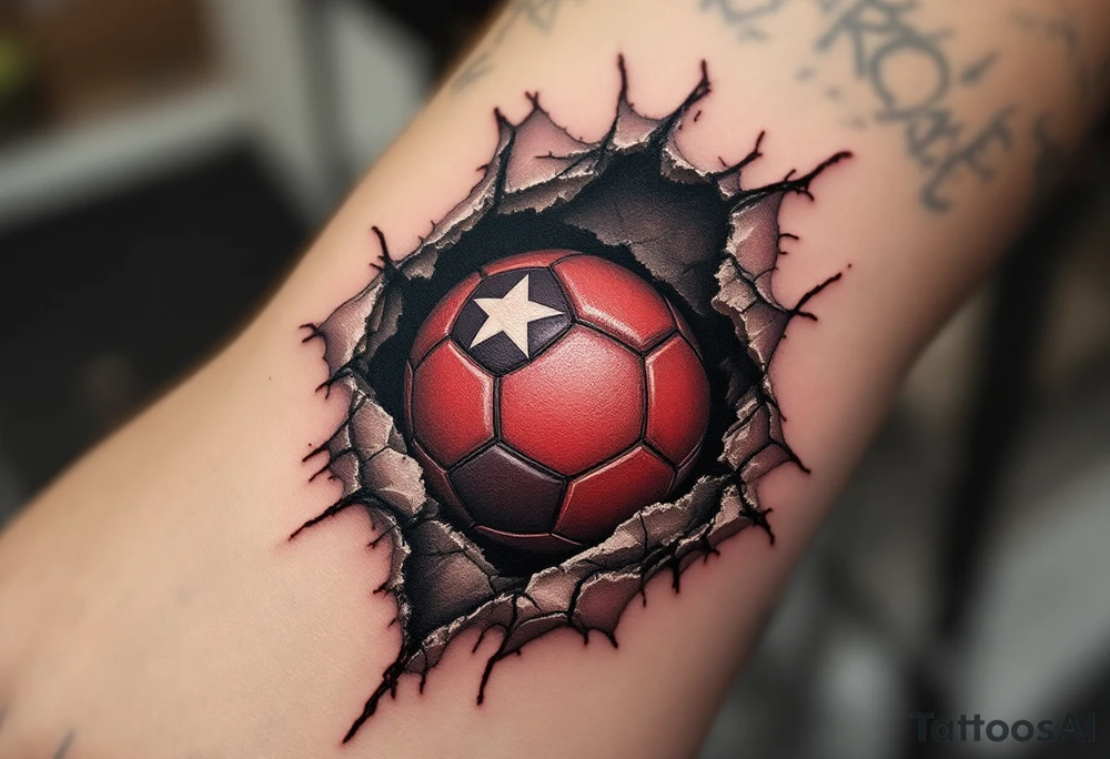 A torn-skin effect showing a red soccer ball beneath, embedded with the Slavia star. tattoo idea