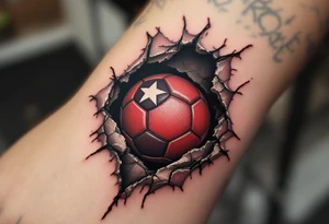 A torn-skin effect showing a red soccer ball beneath, embedded with the Slavia star. tattoo idea
