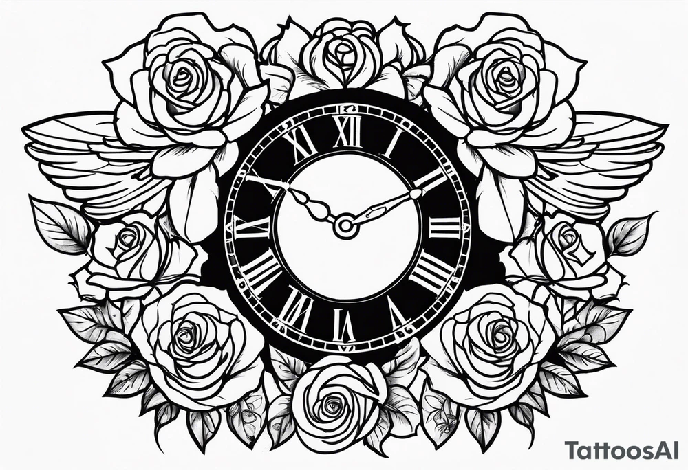 angel, roses, clock, name MARTINA tattoo idea