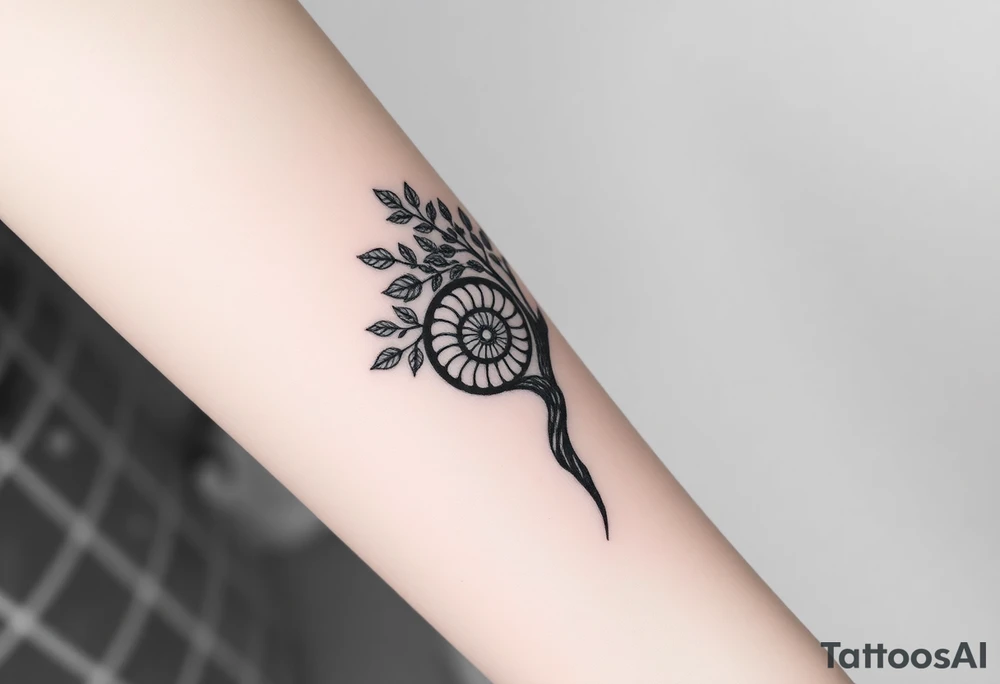 Fibonacci spiral shell on side of tree full of lots of leaves tattoo idea