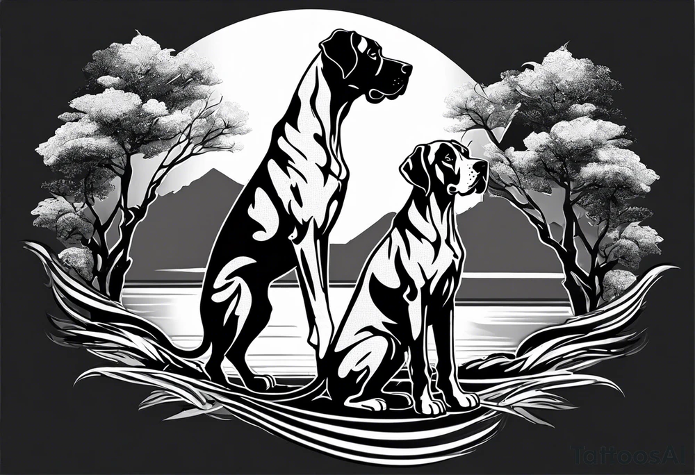 Arm sleeve for man-  with floppy ear Great Dane standing fiercely chest up. With outdoors fill work around the Dane. A waterfall in background tattoo idea