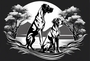 Arm sleeve for man-  with floppy ear Great Dane standing fiercely chest up. With outdoors fill work around the Dane. A waterfall in background tattoo idea