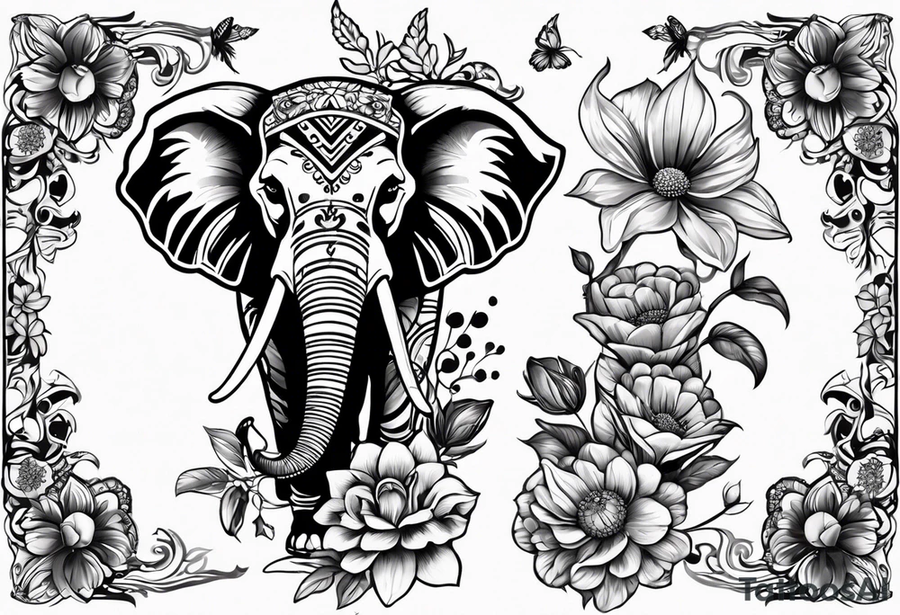 Forearm sleeve that includes a tribal elephant surrounded by voilet flowers, next to a deer skull wrapped with a survival ribbon and surrounded by morning glory flowers, and a cow skull painted with little daisy’s, surrounded by larger daisy flowers and cactus. tattoo idea