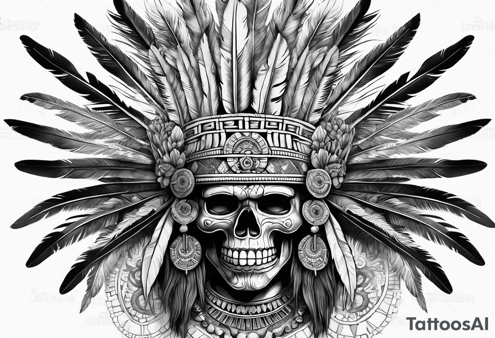 aztec god of death Mictlantecuhtli with long feathers around his head and skull as a head realistic tattoo idea