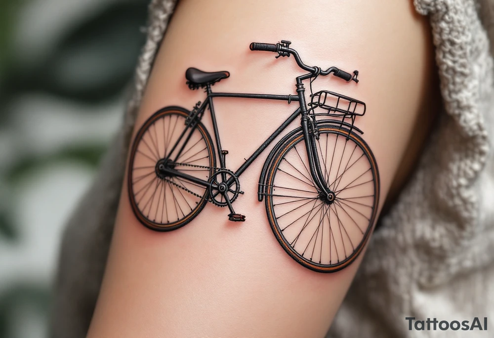 A bicycle with an oversized front wheel, painted in matte black with a touch of red and gray for a steampunk vibe. tattoo idea