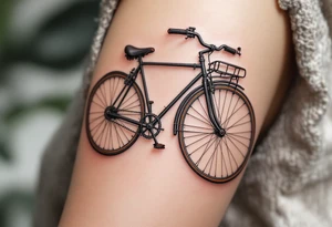 A bicycle with an oversized front wheel, painted in matte black with a touch of red and gray for a steampunk vibe. tattoo idea