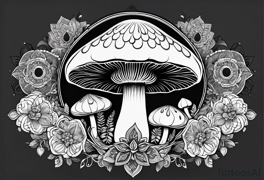 Black mushroom tattoo with henna style mandala design surrounding it tattoo idea