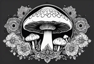 Black mushroom tattoo with henna style mandala design surrounding it tattoo idea