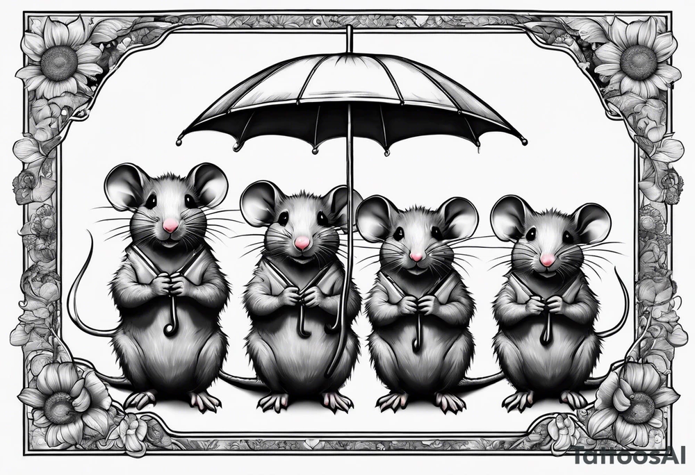 4 rats sat in a line. One rat blowing heart shaped bubbles, one using a sunflower as an umbrella, one leading its head on another’s shoulder and one reading tattoo idea