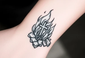 Campfire with cross hidden in the flames with nod to camping tattoo idea