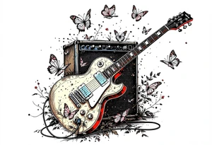 An electric guitar plugged into an amp with 5 butterflies flying around it tattoo idea