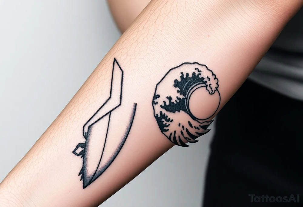 New school geometrical concept tattoo with the girl holding surfboard in a vertical position her face is turned 60 degrees to out side, the bottom part of a body is showed, on the right side of a tattoo is the realistic wave closed in a frame. And the bottom of a taro is a palenesiab sun. Link the objects based on new school geometry tattoos. tattoo idea