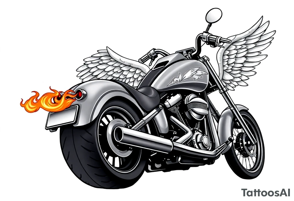 Low rider grey motorcycle, big muffler pipes with flames, angel wings, driving away, no person tattoo idea