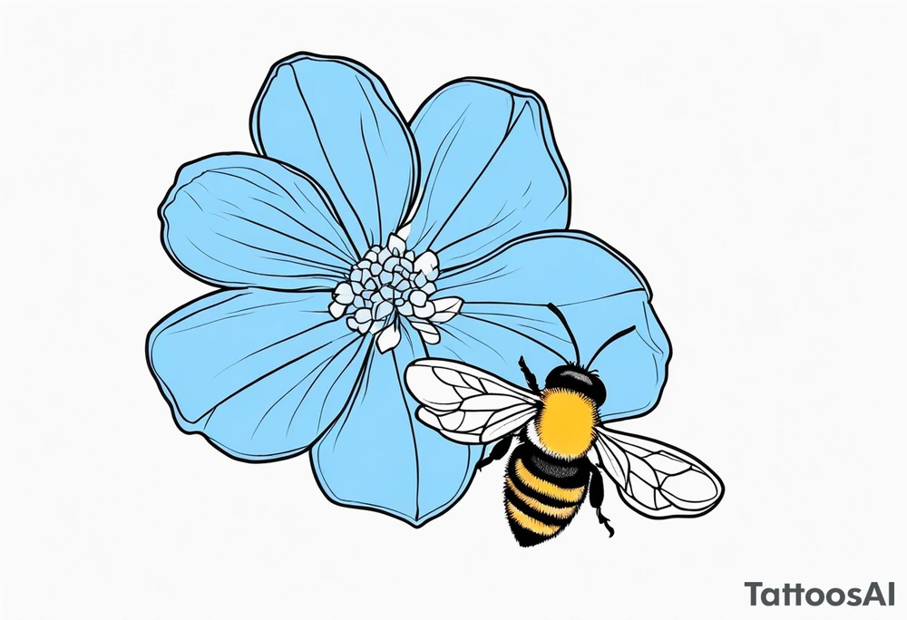 3 in by 2 in minimalist tattoo for forearm of a blue Hydrangea and a very small bee. tattoo idea