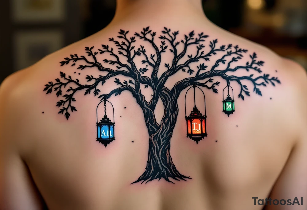 Tree with lanterns hanging from branches, each lantern glowing with initials and birthstones as colors: A.L. – Sapphire Blue, T.J. – Emerald Green, M.E. – Ruby Red. Rich, earthy tones with gemstone accent highlights. tattoo idea